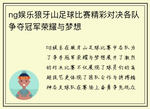 ng娱乐狼牙山足球比赛精彩对决各队争夺冠军荣耀与梦想